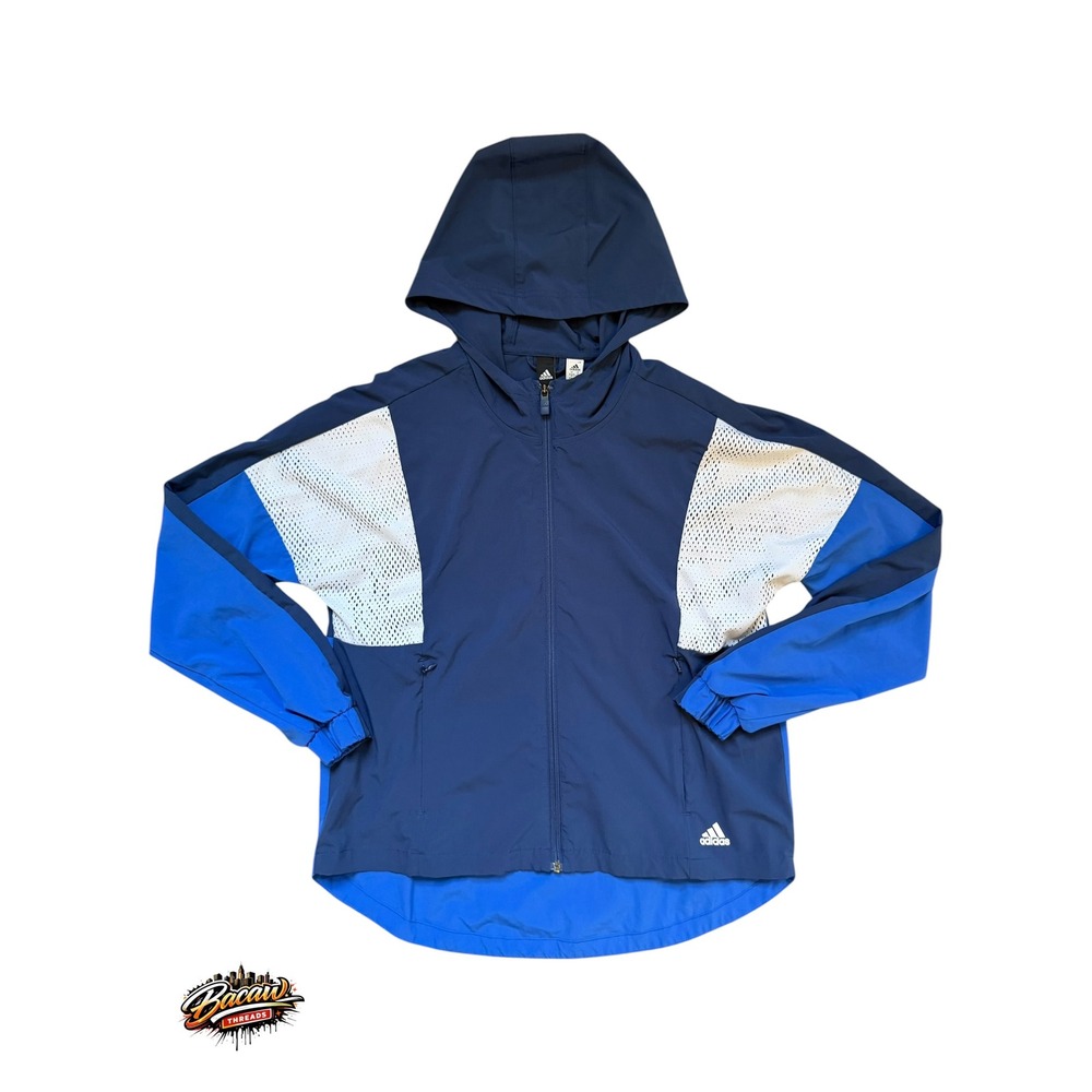 Adidas Kids Navy Blue Mesh Colorblock Full Zip Hooded Windbreaker Jacket Medium